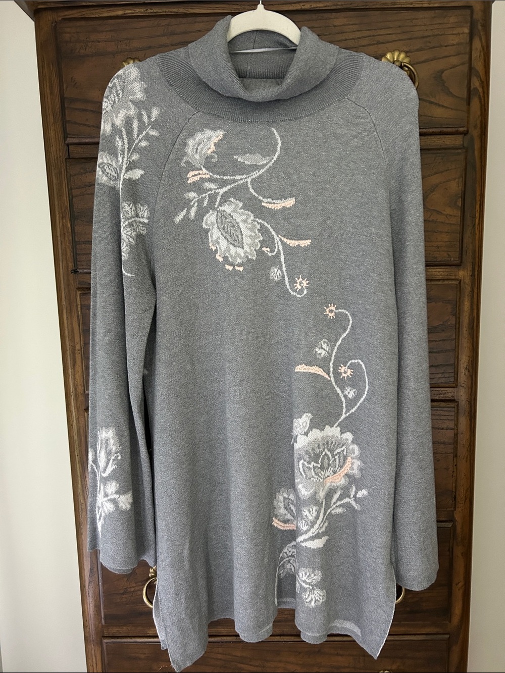 Style & Co. Long Gray Cowlneck Sweater, Floral Embroidery, Silver Threading, XL